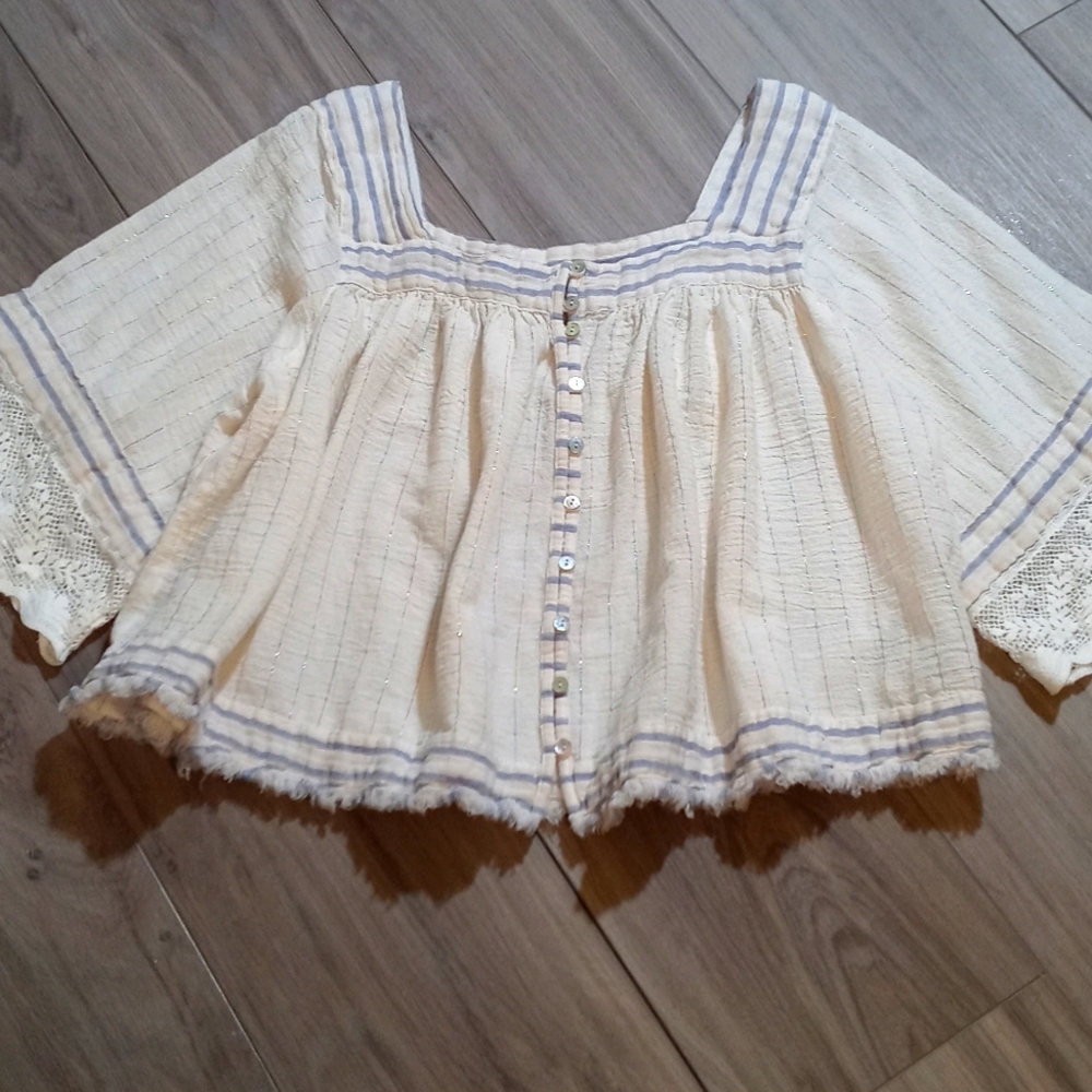 Free People Cream and Blue Blouse